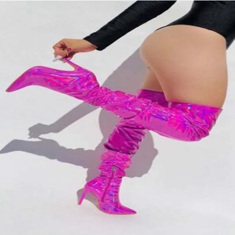 Hot Pink White Shiny Laser Leather Pointed Toe Stiletto Heel Pleated Boots Women Solid Hidden Zipper Slim Over The Knee Boots