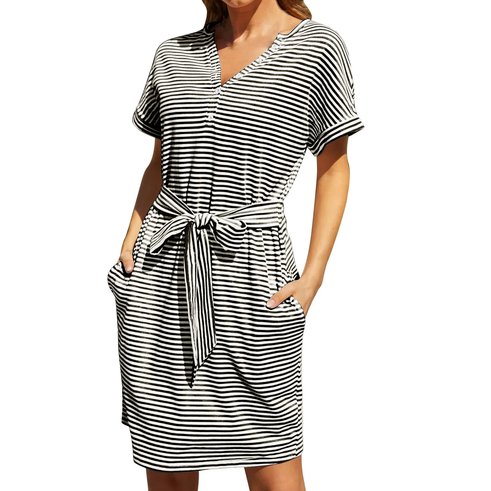 

Casual Stripe Women Tshirt Dress Elegant O Neck Short Sleeve Sashes Pocket Black Pink Sundress Cotton Summer Midi Dress Vestidos