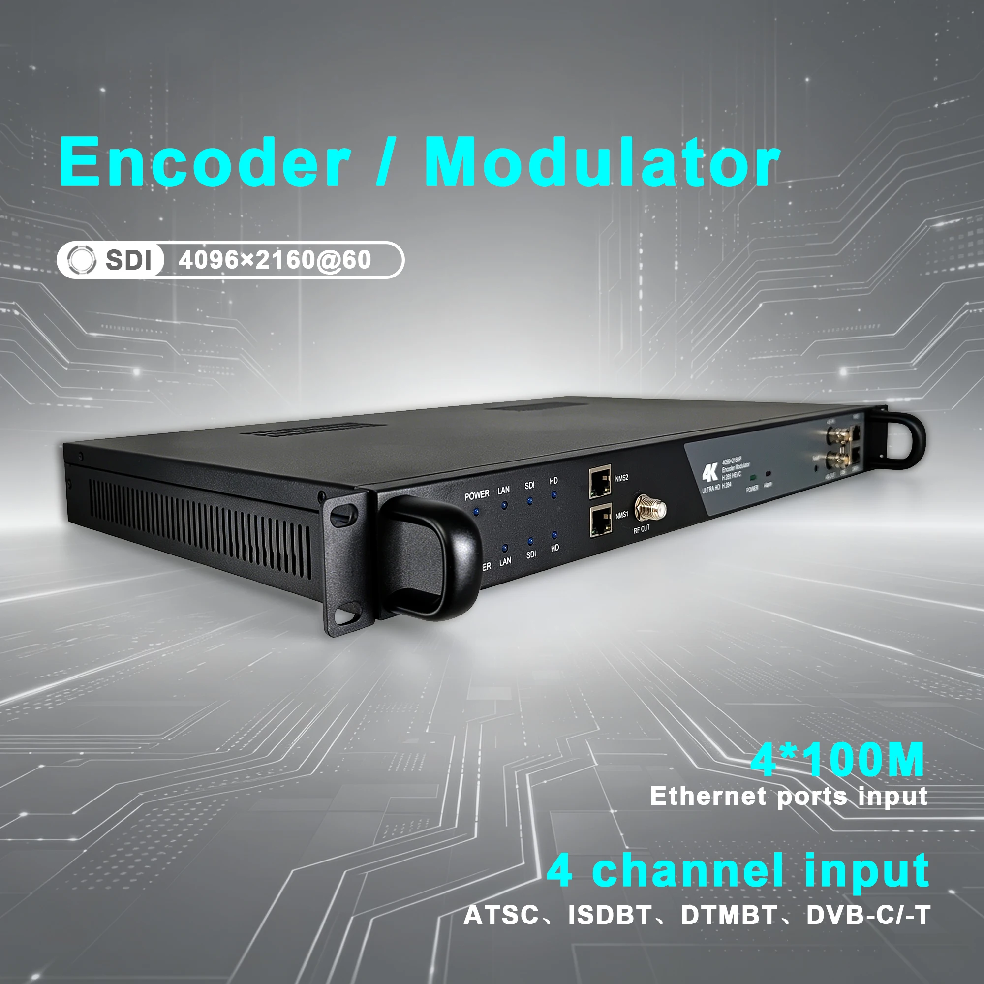 

4K 60p Ultra HD SDI HD Encoder/Modulator: H.265 (HEVC), H.264, SDI, HDMI to RF, IP, ASI, RTMP, HLS, SRT, UDP Network Live Stream