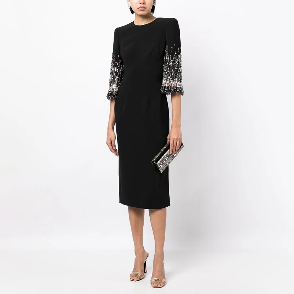 Robe de cocktail mi-longue à col rond pour femmes, robe de soirée perlée, manches 3/4, gaine, colonne, noir, occasion formelle, luxe