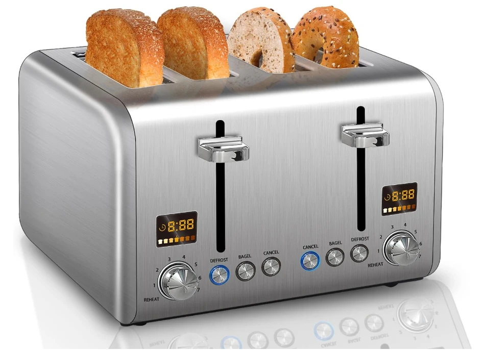 

7 bread shadow Settings, 1.5 "wide slot toaster, bagel/defrost/reheating function, removable crumb tray, silver metal, 1800W