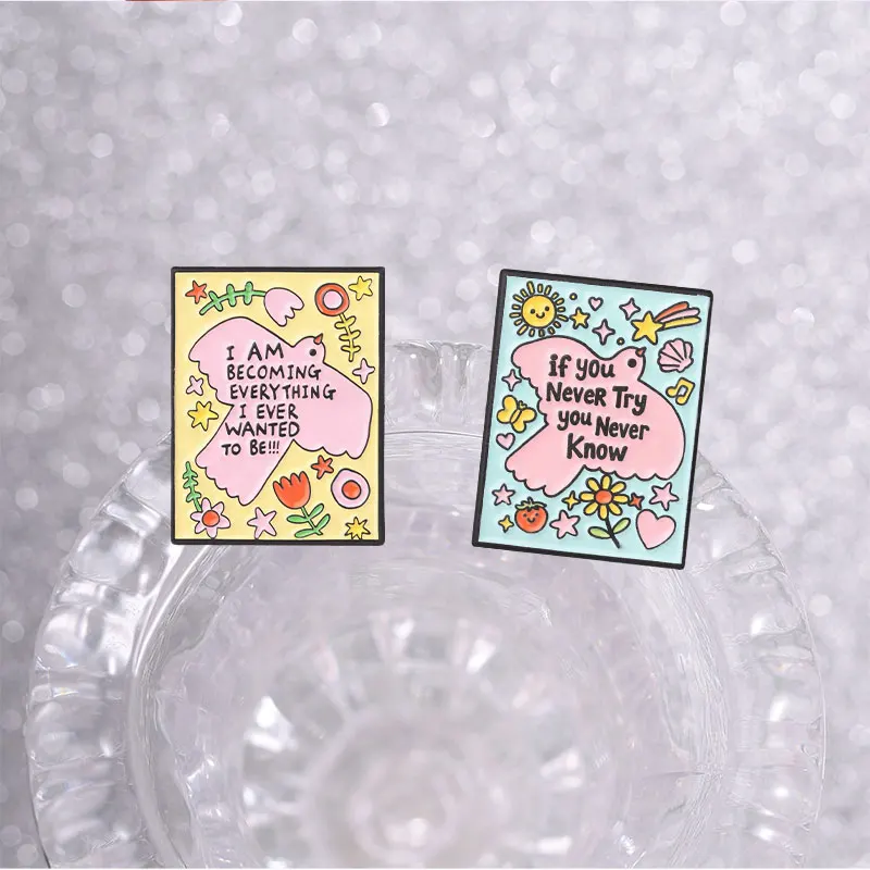 Inspirierendes Zitat Emaille-Abzeichen-Set „Ich werde alles“ Rosa Vogel Blume Metall-Brosche Revers-Accessoire Geschenk für Studenten – Detail 5