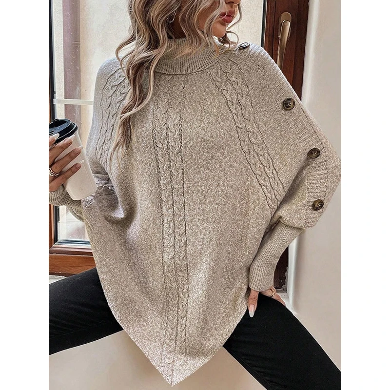 Women's Knitted High Collar Sweater Autumn Winter New Style Batwing Sleeve Twist Flower Design Comfortable Medium Weight Long...