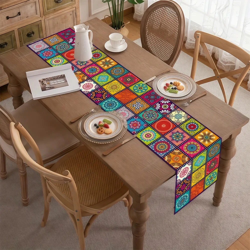 Böhmischer Mandala-Tischläufer, bunter geometrischer Blumenfliesen-Druck, Tischdecke für Esszimmer, Küche, Party, Hochzeit, Heimdekoration