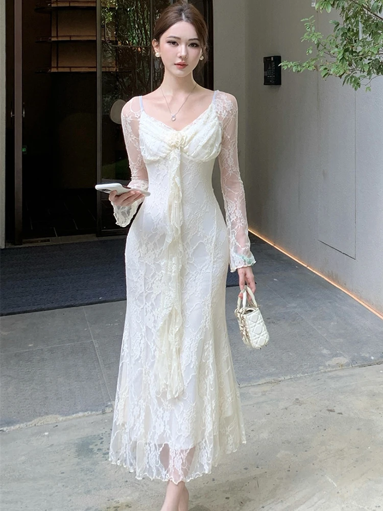 Otoño blanco encaje Jacquard manga larga con cuello en V vestido largo Sexy 2025 vestido de fiesta de lujo coreano mujeres elegante vestido de noche ajustado