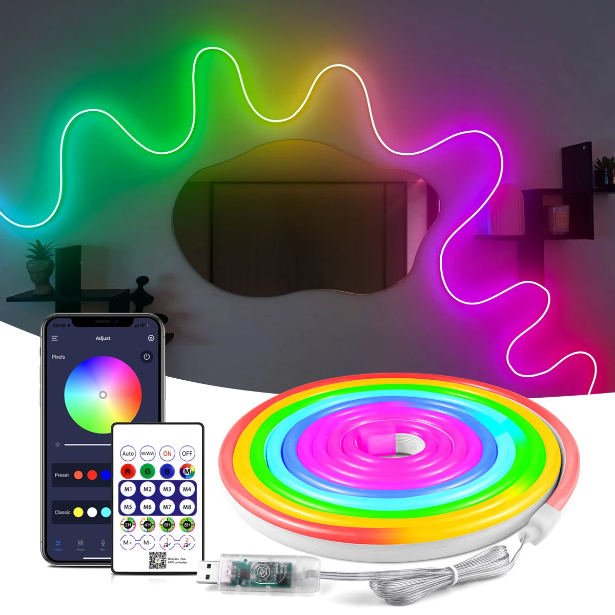 5V USB RGBIC Neon LED Strip 1M 2M 3M 5M RGBIC Neon Tape With Bluetooth App and Remote Control For Sign Neon Decoration Lighting