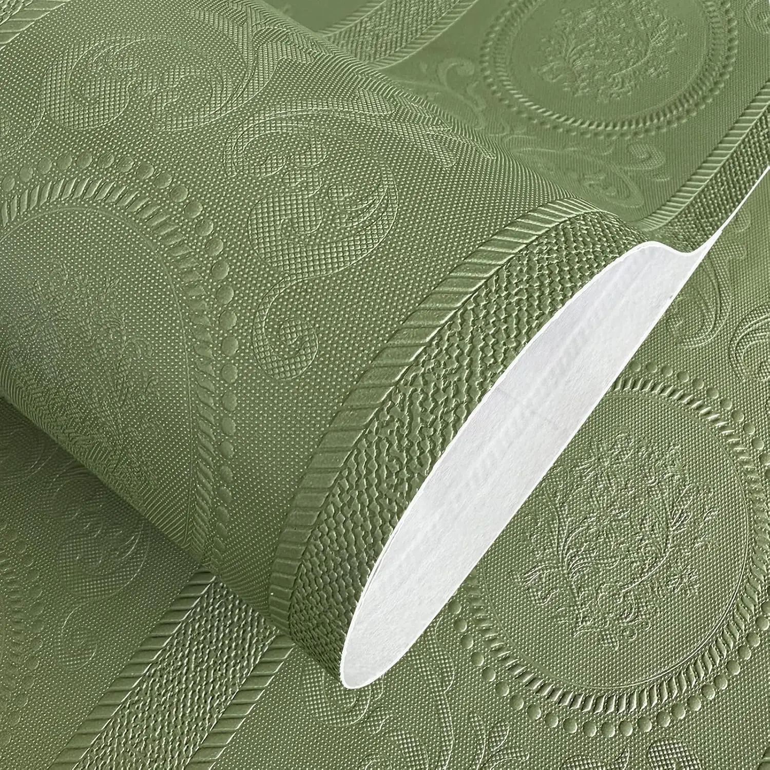 

3D Green Embossed Peel and Stick Wallpaper Damask Textured Self Adhesive Wallpaper Modern Floral Contact Paper for Living Room