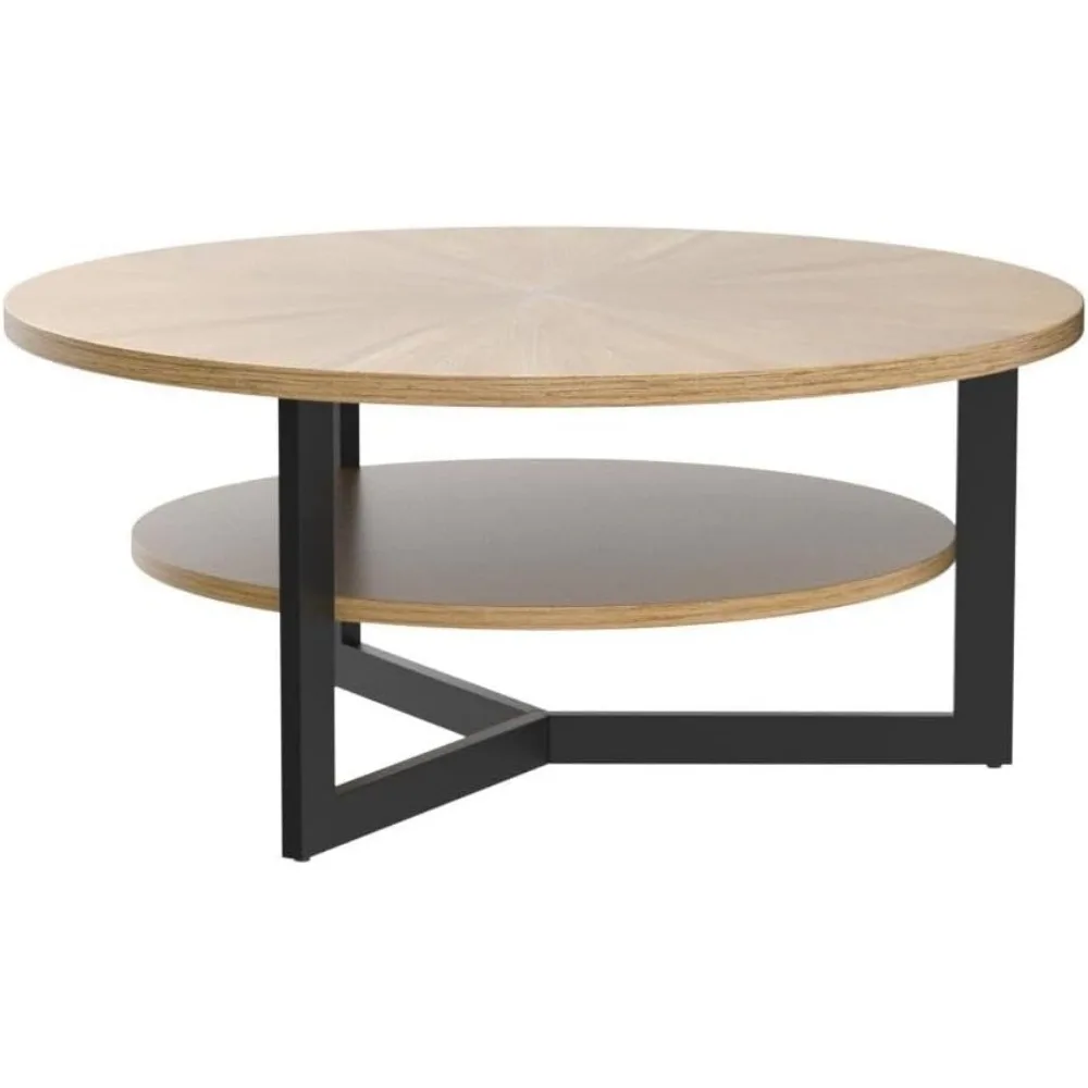 거실용 목재 원형 커피 테이블, 수납 공간이 있는 2단 원형 커피 테이블, 아파트용 소박한 천연 커피 테이블