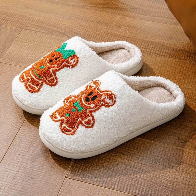 SHAJI Unisex Lebkuchen-Weihnachts-Plüschpantoffeln Warm Gemütlich Leicht Geräuscharm Hausschuhe für Weihnachtsgeschenk – Detail 4