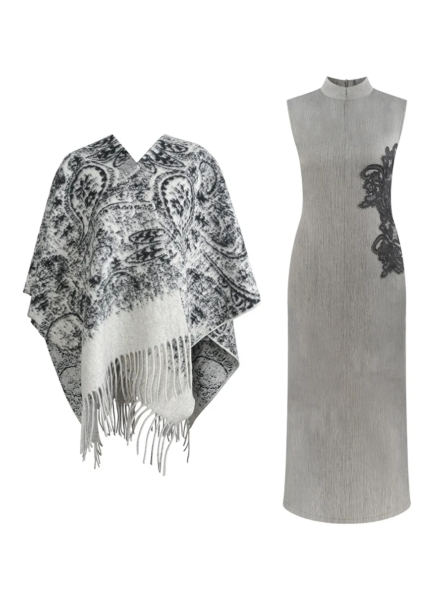 

Вязаный комплект Ele Knitted: новое китайское кружевное платье-футляр цвета чайной розы, модный комплект с рукавами средней длины для всех сезонов