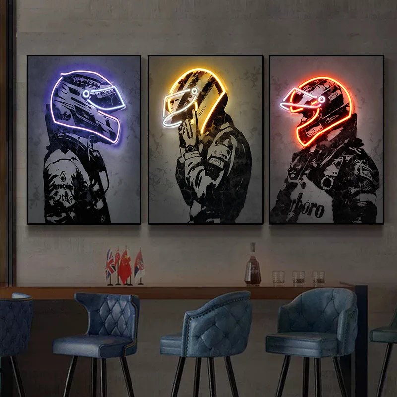 Neon Design Racing Car Driver Casco Poster Tela Pittura F1 Hamilton Wall Art Per Soggiorno Moderno