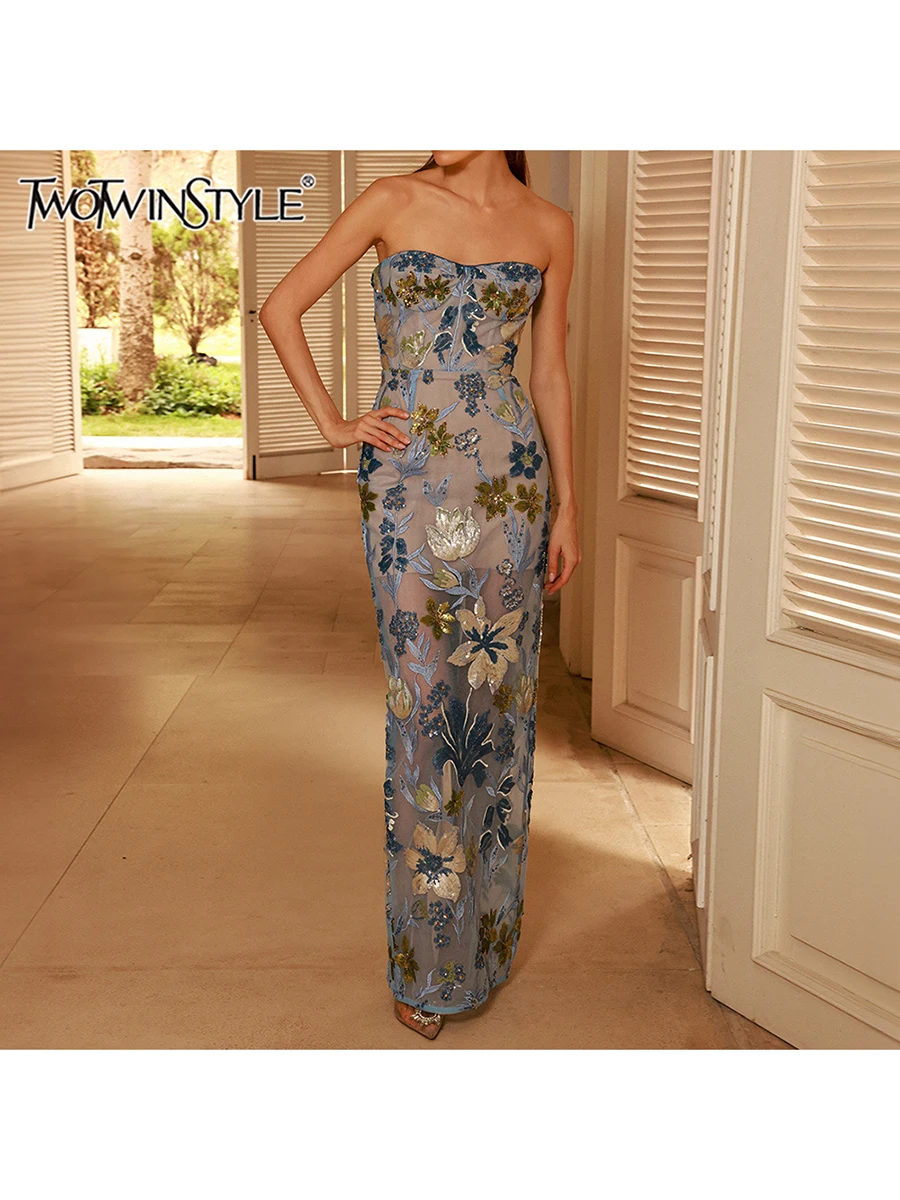 

TWOTWINSTYLE Hit Color Spliced Sequines Slimming Dresses For Women Strapless Sleeveless High Waist Temperament Dress Female New