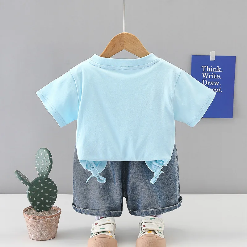 Toddler Baby Girls 2 Piece Outfits Summer Rhinestone Flower Print T-Shirt + Colorful Bow Denim Shorts Set Kids Casual Clothes