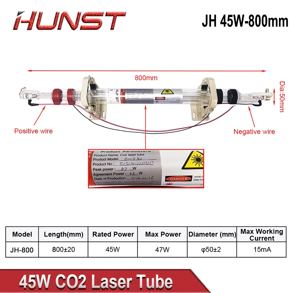 Tubo laser Co2 Hunst 40W com diâmetro de 50 mm e comprimento 700 mm adequado para máquina de gravação e corte