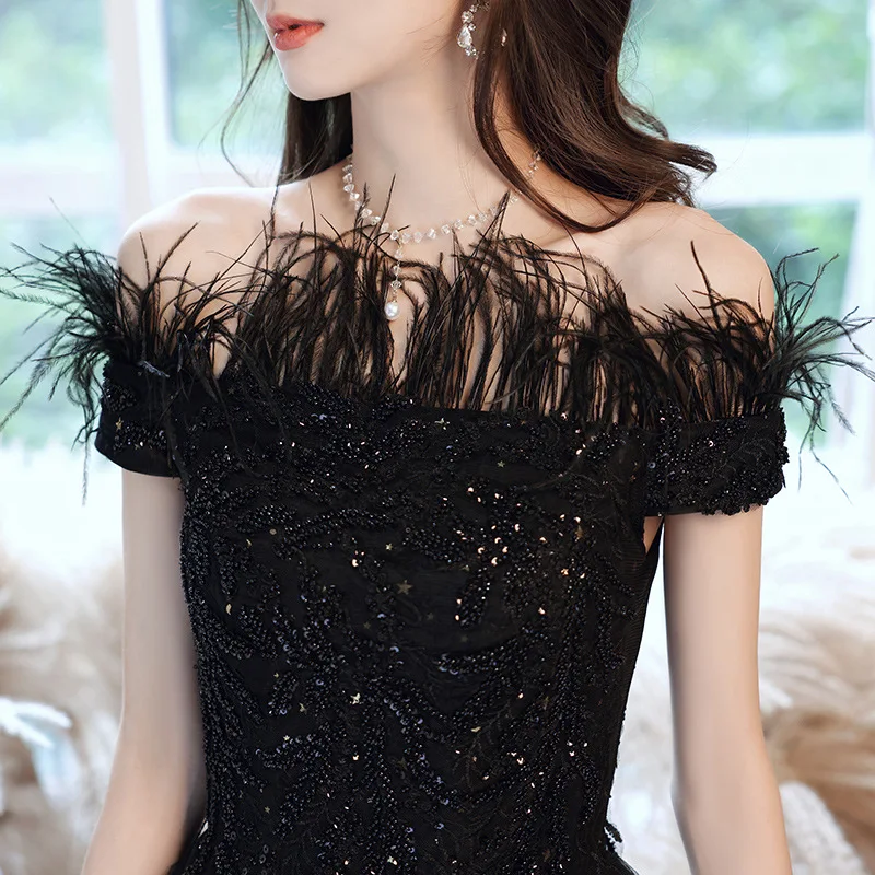 Black Feather One Shoulder Evening Dresses Women Solid Color Applique Sequin A-line Homecoming Dresses Elegant Formal Gown