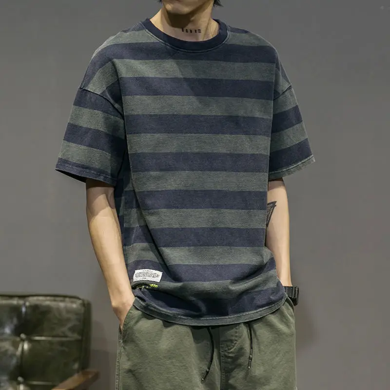 

Summer Striped Print Men O Neck Short Sleeve T Shirts Students Vintage Korean Fashion Casual Harajuku Loose All-match Clothing