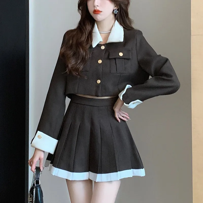 2 Pcs Sets Women Spring Sweet Girls French Style Fashion Gentle Casual Button All-match High Waist Pleated Design Prevalent Chic