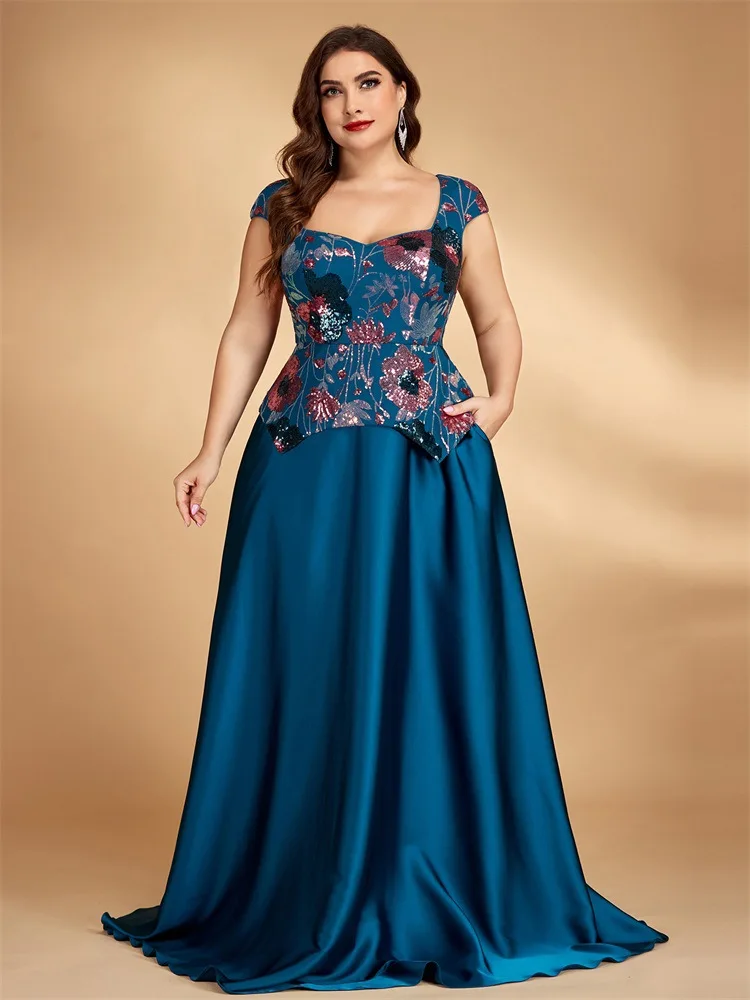 Middle East plus Size Elegant Sequined Embroidered Stitching Square Collar Cocktail Party Evening Dress Long Dress
