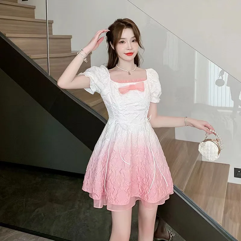 Autumn  New Item Hepburn Style Age Reducing Sweet Gradient Color Square Neck High    Short Sleeved Dress For Women