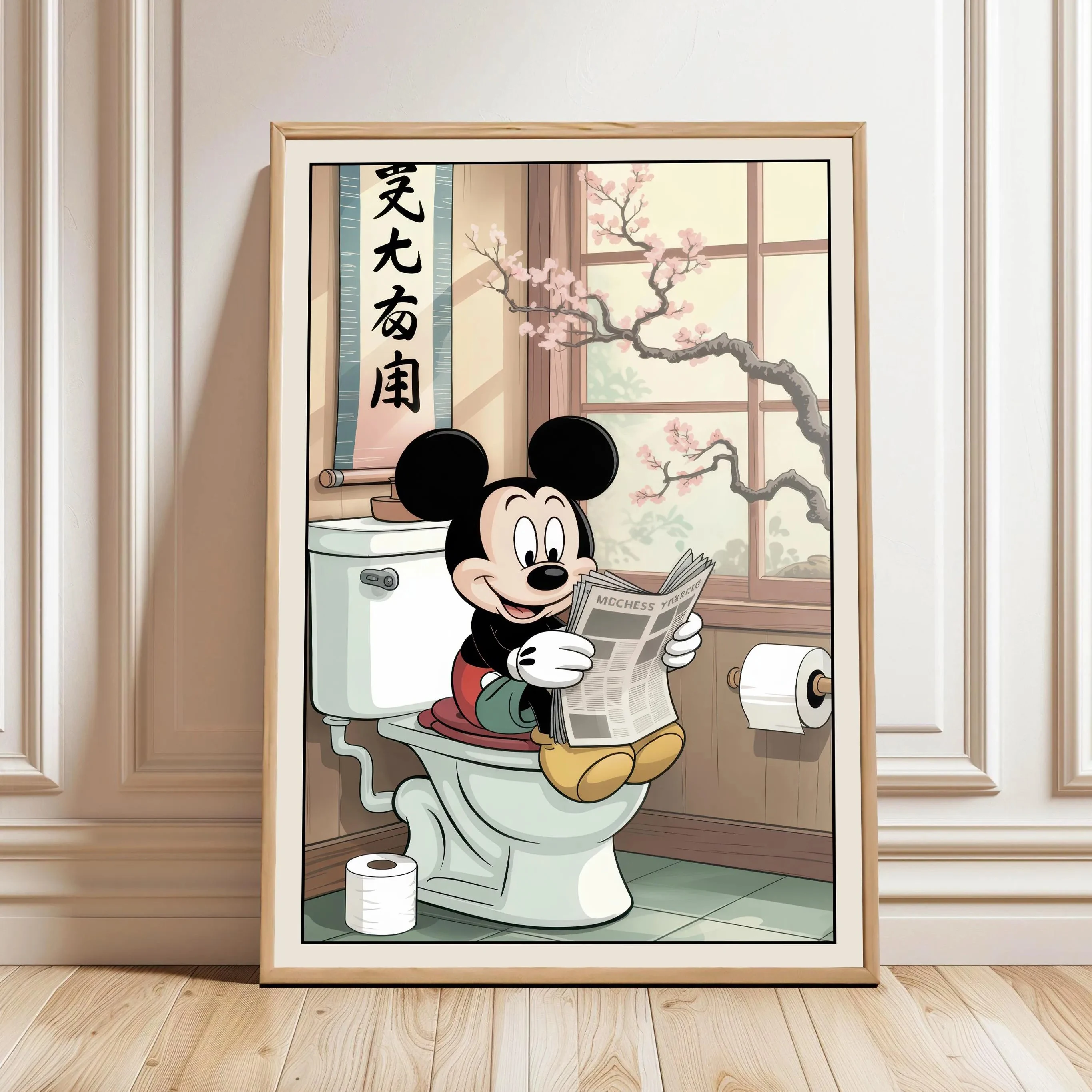 

Funny Mickey Mouse reading newspaper on toilet poster Mickey Funny bathroom wall decoration Disney lover gift Home decoration