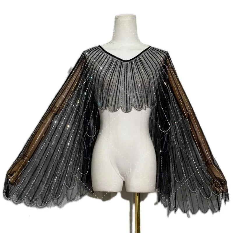 

Faionable Diamond Beaded oulder Wrap Outerwear Women's Top Wings Design Casual Sle Long Sve V-Ne Loose Fit