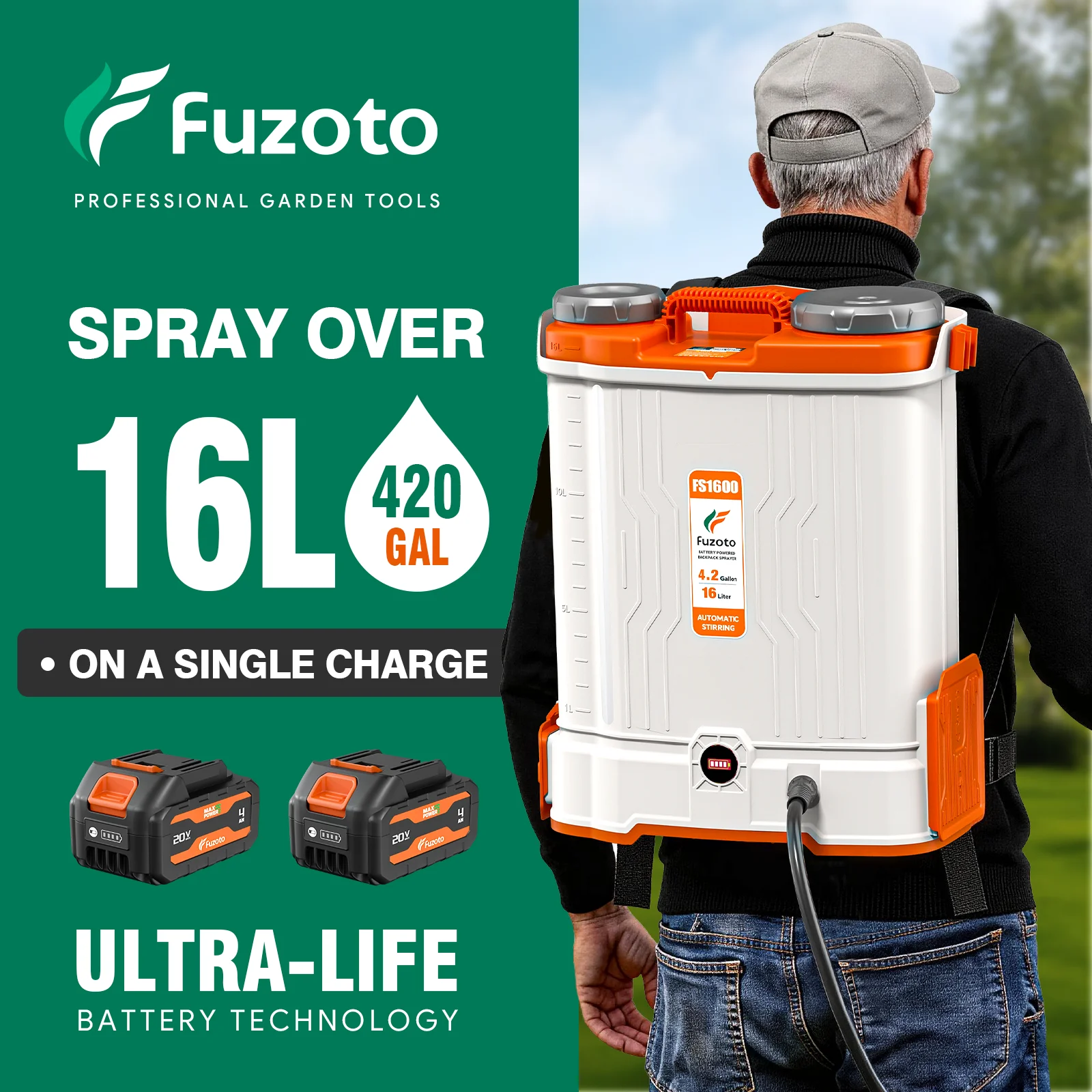 4.2 Gallon Battery Powered Backpack Sprayer, 45–90 PSI Adjustable Pressure, Auto Mixing, 6 Nozzles & 39-Inch Telescopic Wand, Includes 2 x 20V 4.0Ah Batteries & Charger