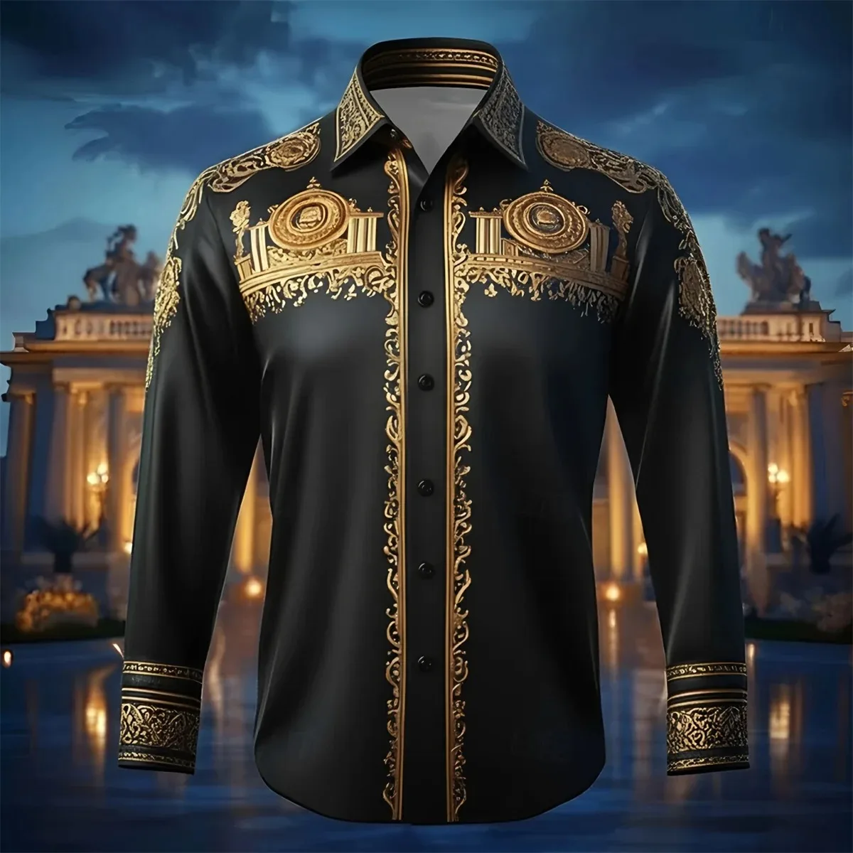 Men's Baroque Printed Long Sleeved Shirt, Luxurious Gold and Royal Blue Satin Dress Shirt, Suitable for Parties/Weddings