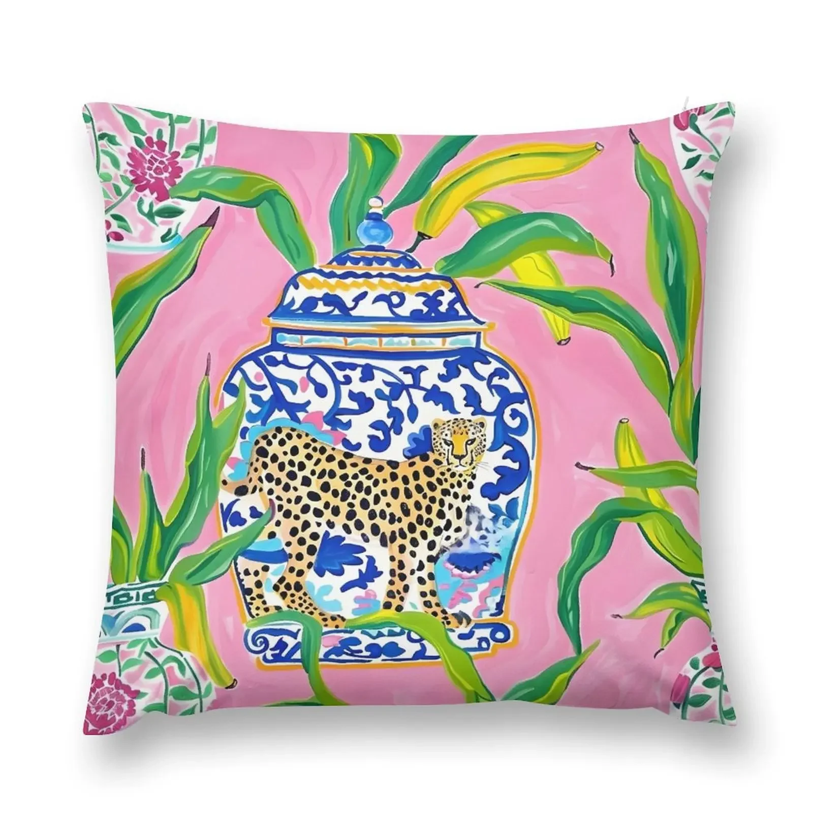 

Preppy, grandmillennial ginger jars, cheetah and banana leaves on bubblegum pink Throw Pillow Cushions For Sofa pillow