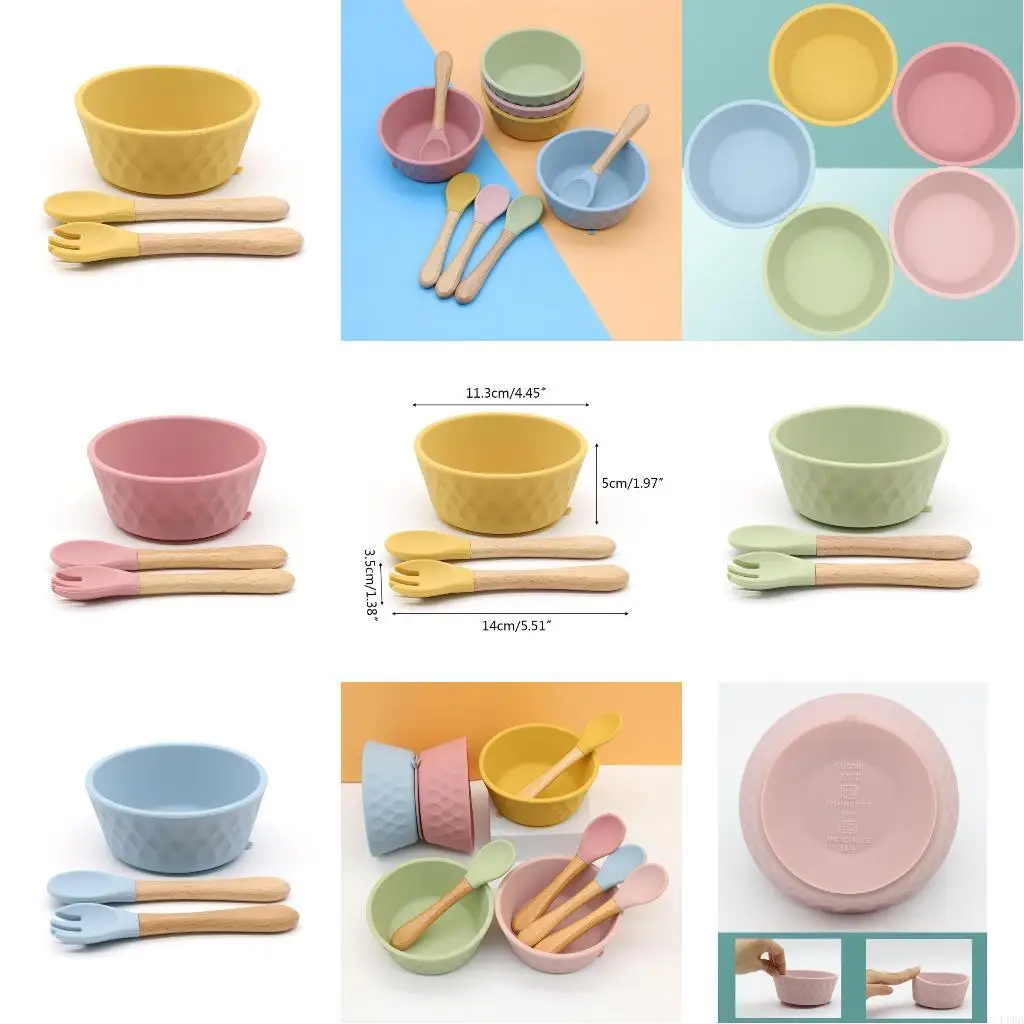 

3 Pcs Baby Silicone Suction Feeding Bowl Spoon Fork Dish Set L8RB