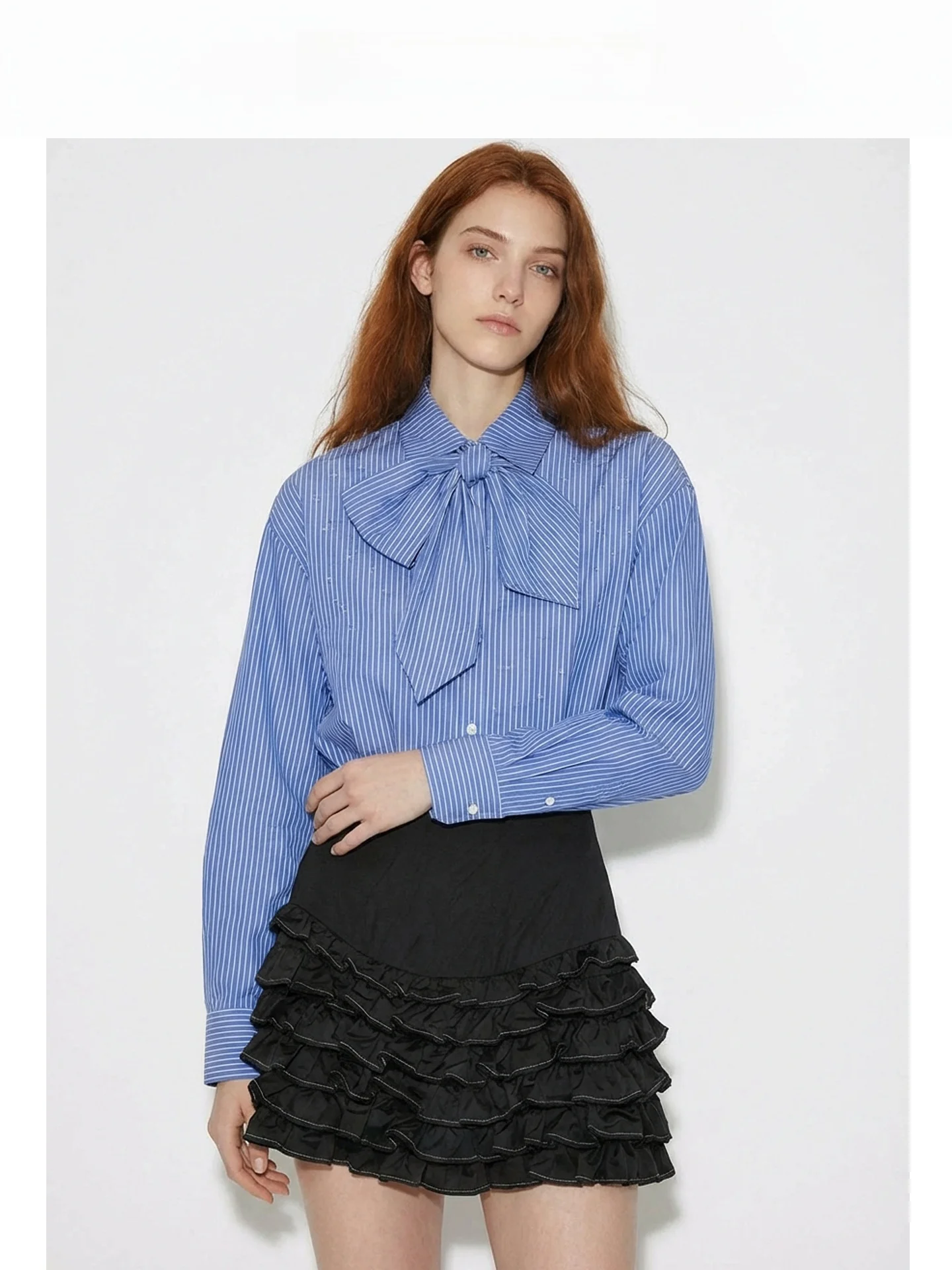 

Starry Rhinestone Striped Shirt Short Design Sense Knot Office Lady Cotton Shirt Elegant Top