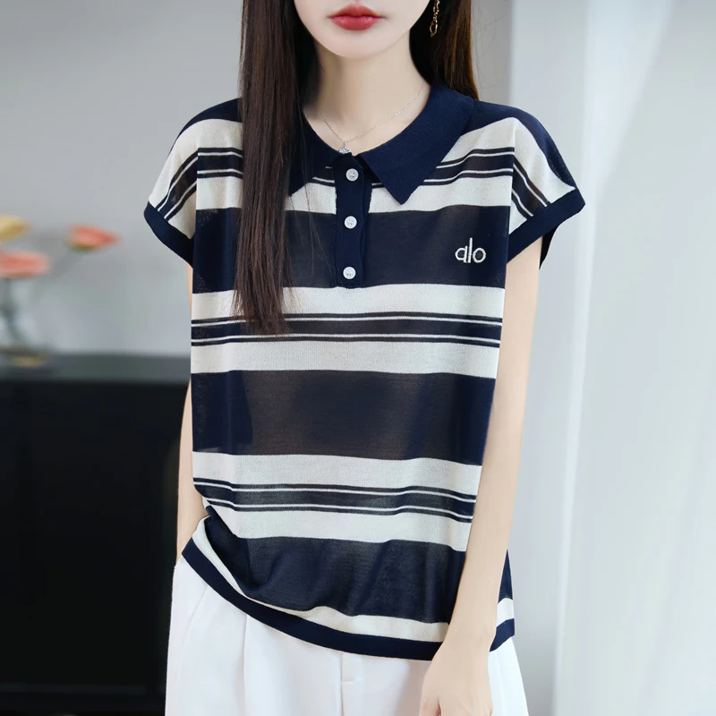 2025 صيف جديد الراقية الساخن بيع بولو المطرزة شريط محبوك قصيرة الأكمام فضفاضة تي شيرت هوديي الطبعة الكورية عادية