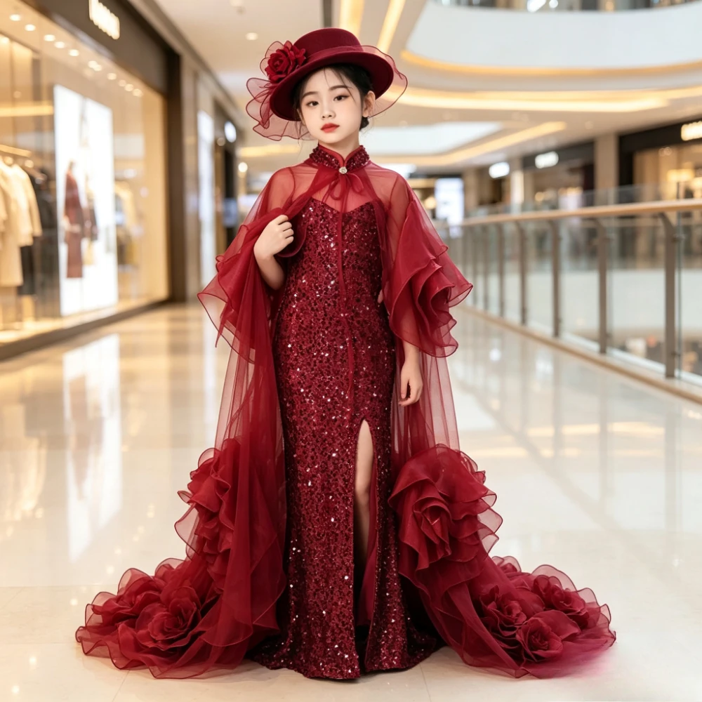 2026Flower Girl Dress Children Girls Evening Gown Birthday Party Banquet Piano Performance Host Elegant Sweep Train Red Floral