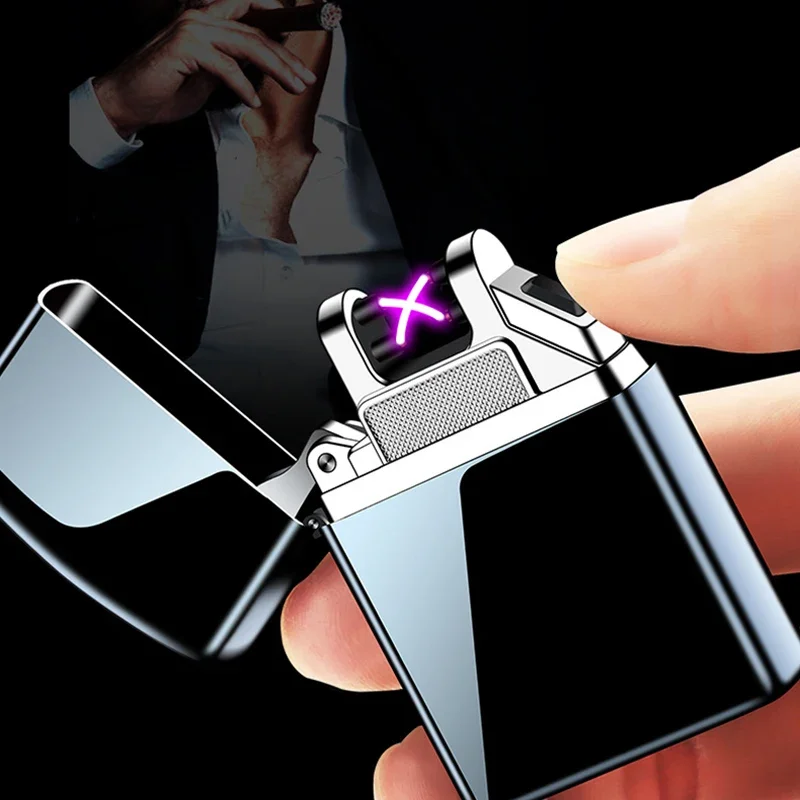 Electric Windproof Metal Lighter Double Arc Flameless Plasma Rechargeable USB Lighter LED Power Display Touch Sensor Lighters