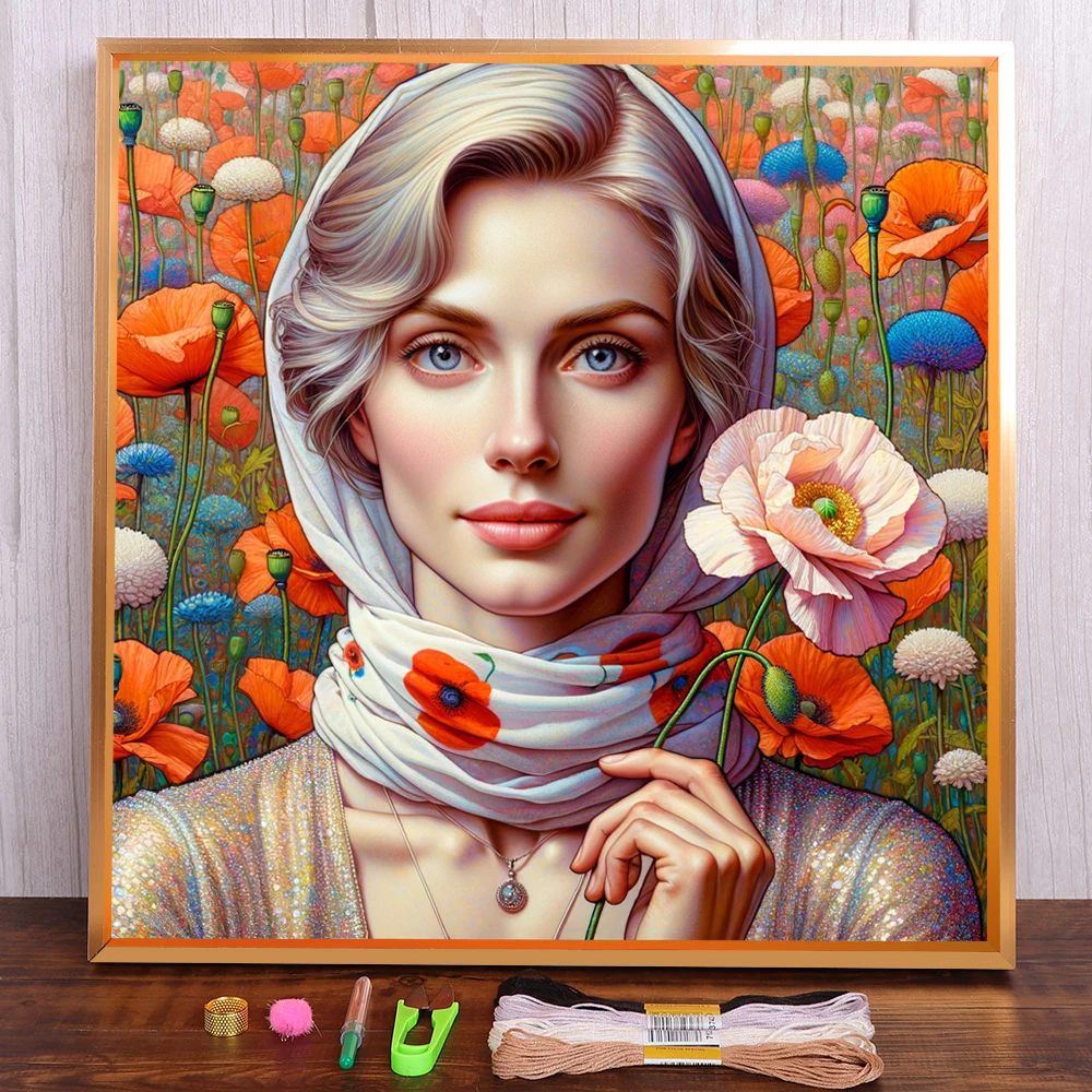 

Portrait Flower Girl Printed 11CT Cross Stitch DIY Embroidery Complete Kit Handmade Hobby Needlework Knitting Sales Gift Package