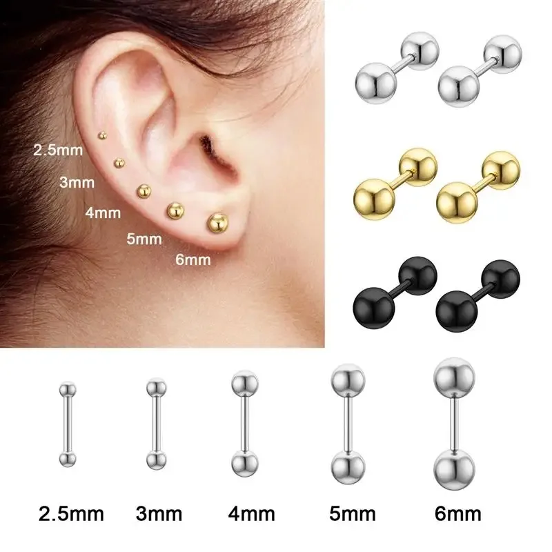 2pcs 16G Stainless Steel Stud Earrings, Small Ball Screwback Earrings Ear Bone Nail Lip Piercing Body Jewelry Accessory