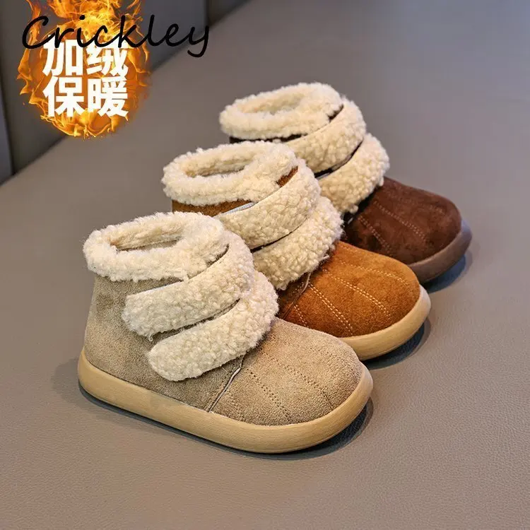 

2025 Winter Solid Kids Snow Boots Suede PU Leather Plush Warm Girls Boys Casual Boots Hook Loop Soft Children Ankle Shoes