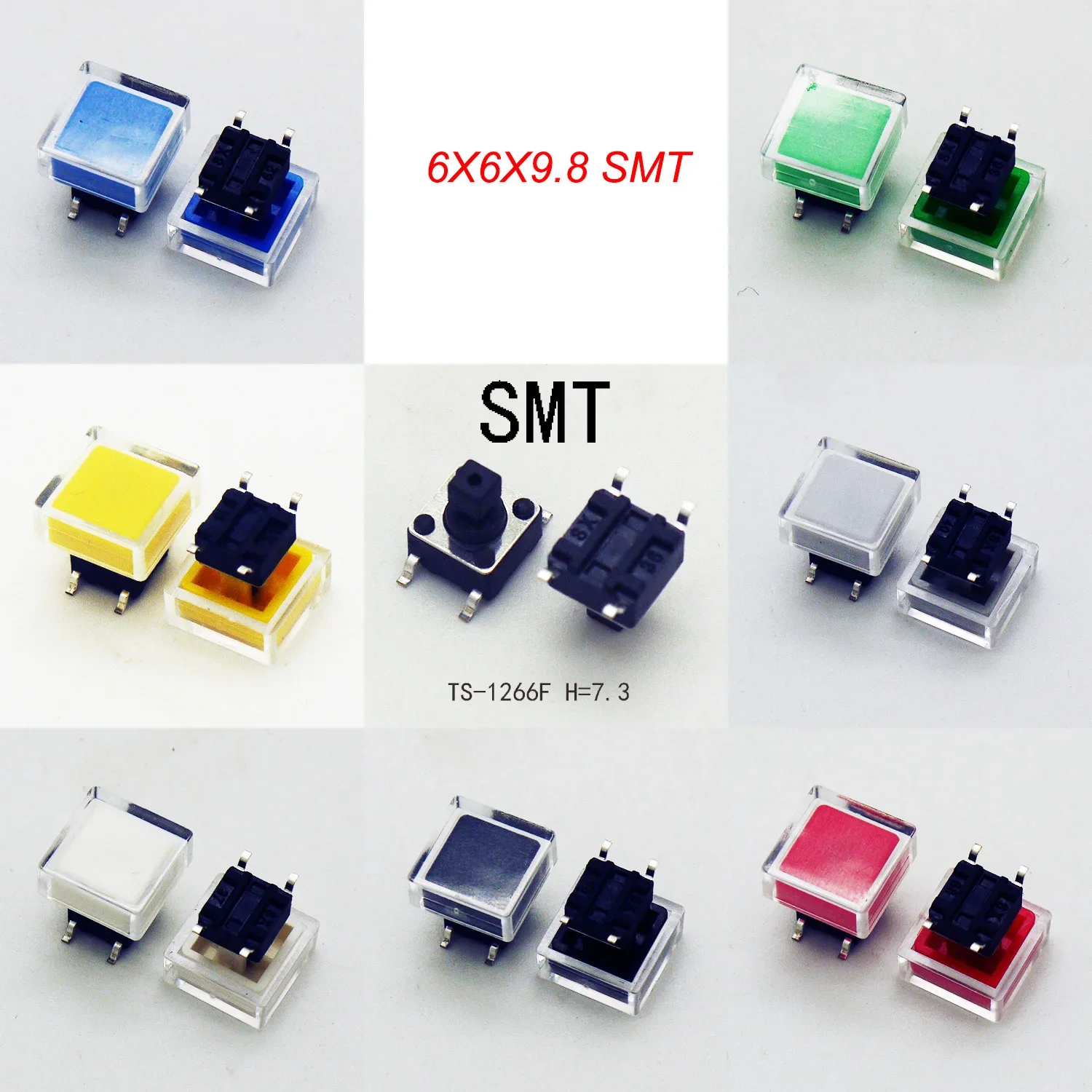 10PCS 6X6X7.3mm 4PIN DIP SMT Momentary Tact Button H=9.8mm With 2Caps Mini Push Button