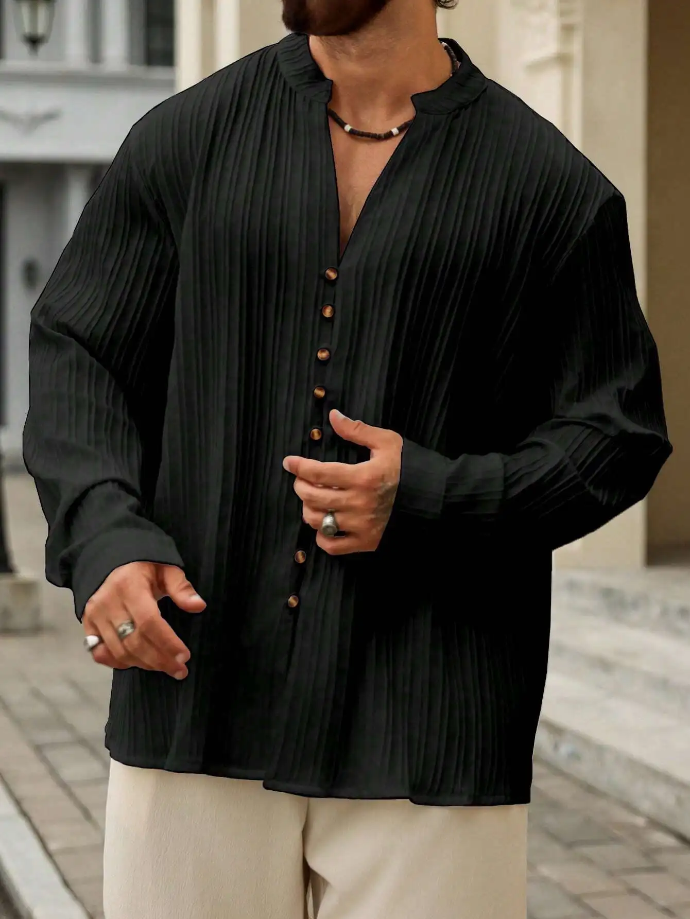 

Мужская повседневная однотонная рубашка с плиссировкой и пуговицами, длинный рукав, V-образный вырез, осенняя коллекция