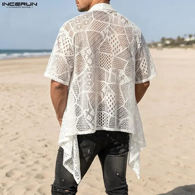 INCERUN Men's Shirt Lace See Through Open Stitch Short Sleeve Cardigan For Man Streetwear 2026 Fashion Casual Tops Men Clothes