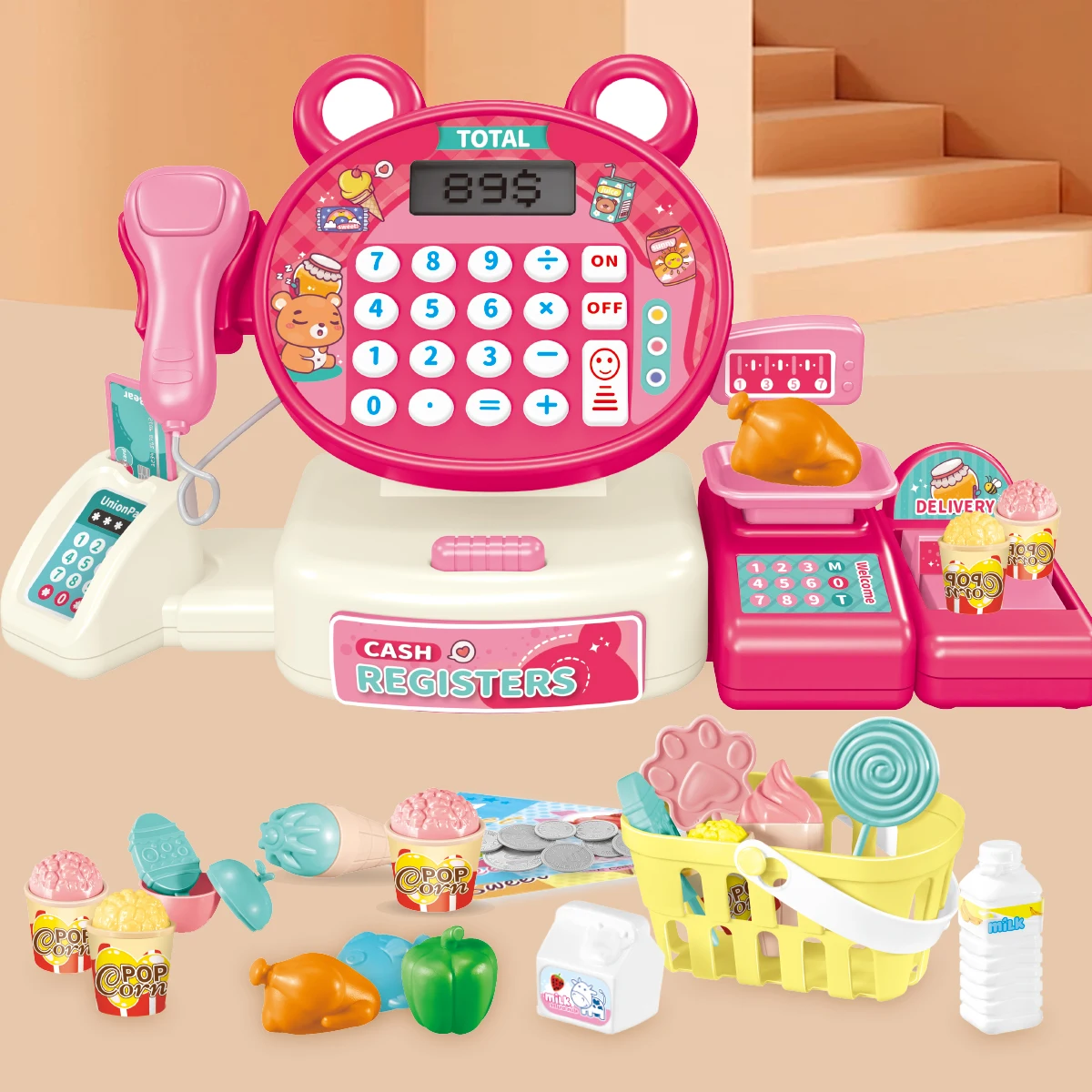 Electiric Supermarket Cash Register Toys, Children Play House Toys Shopping Cartoon Frog Animal Gifts for Kids