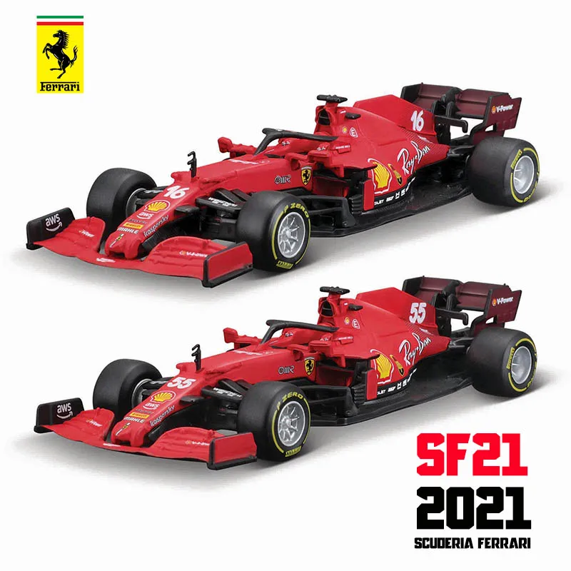 Bburago-modelo de coche de aleación de lujo Ferrari F1 SF21 2021 #16 Charles Leclerc #55 Carlos Sainz Jr, colección de vehículos de juguete de