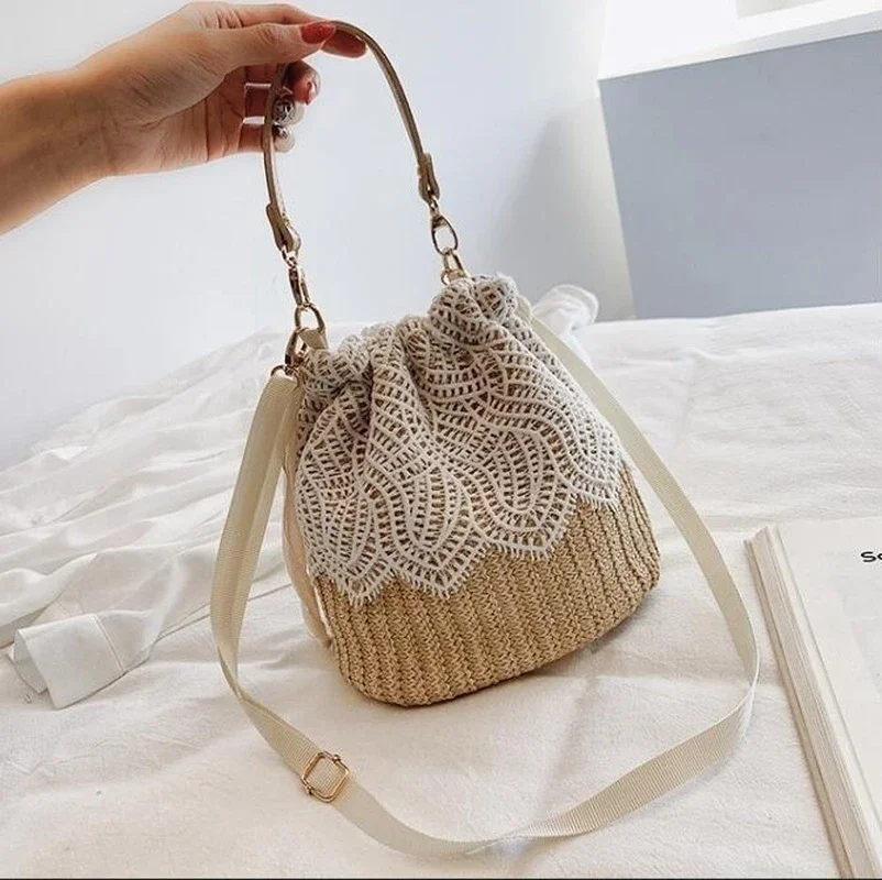 New Straw Plaited Article Women Lace Bucket Bag Causal Holiday Beach Bag Elegant Lace Staw Bag Shoulder Crossbody Bag