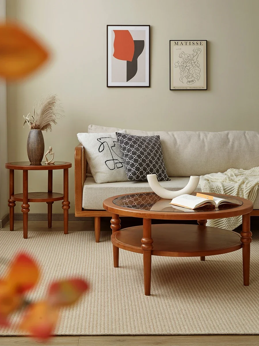 Solid wood coffee table woven with rattan, circular living room, simple modern small household glass