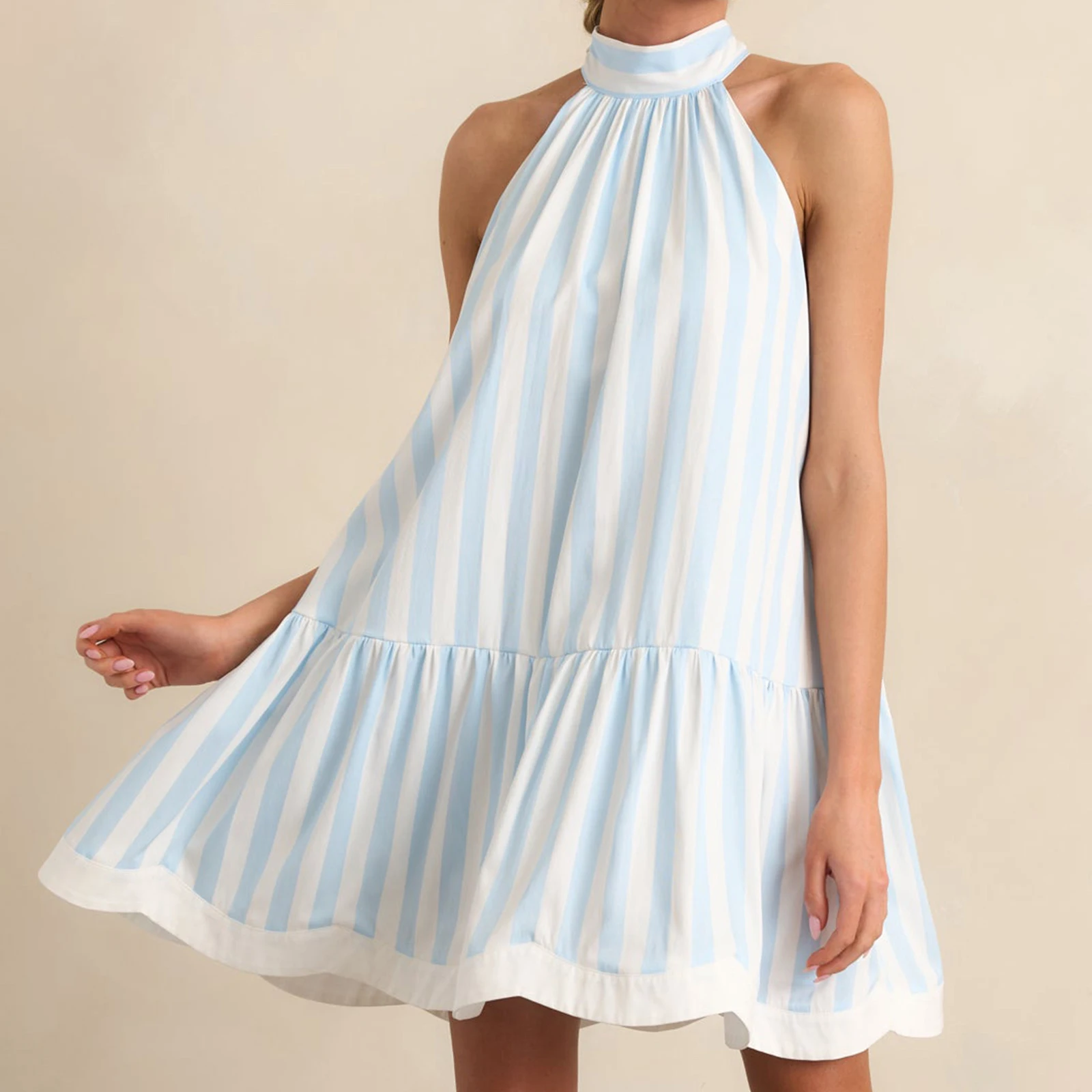 Women Summer Mini Tank Dress Sleeveless Cold Shoulder Trendy Striped Beach Dress