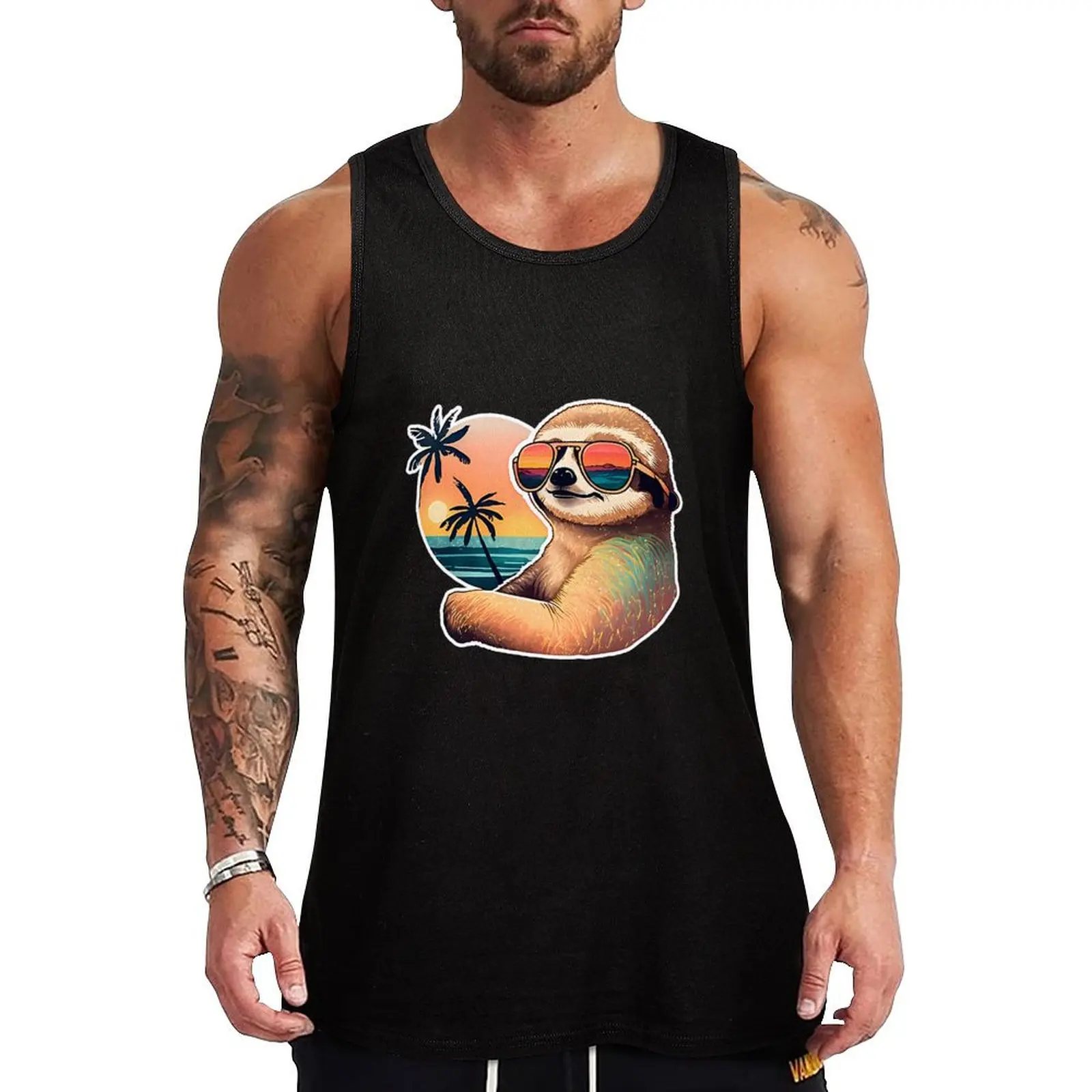 Sunset Sloth Vintage Sloth Summer Sloth Beach Tank Top Men's tops Men's summer vest gym clothing men