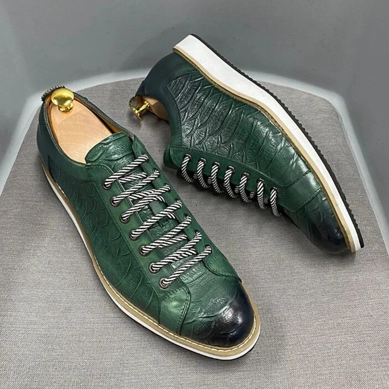 Casual Leather Shoes for Men Genuine Leather Thick Soles Everyday Shoes Fashionable Crocodile Pattern Embossed Handmade Shoes