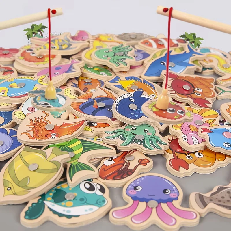 Montessori Magnets Wooden Fishing Toys For Children Marine Life Cognition Fish Games Parent-Child Educational Toy baby kids gift