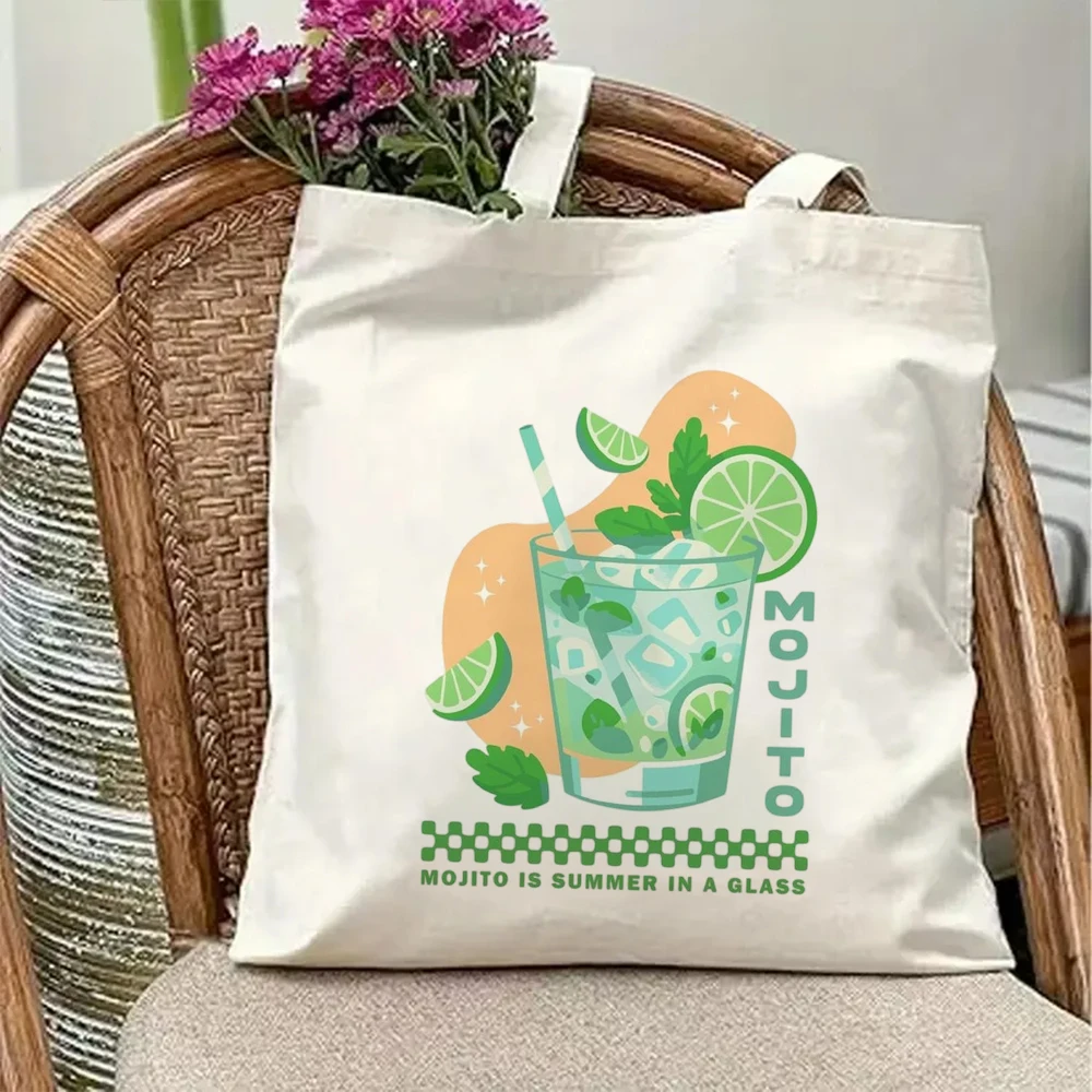 Mojito Canvas Tote Bag Vintage Lime Cocktail Graphic Print Aesthetic Summer In A Glass Shoulder Purse Reusable Beach Bag
