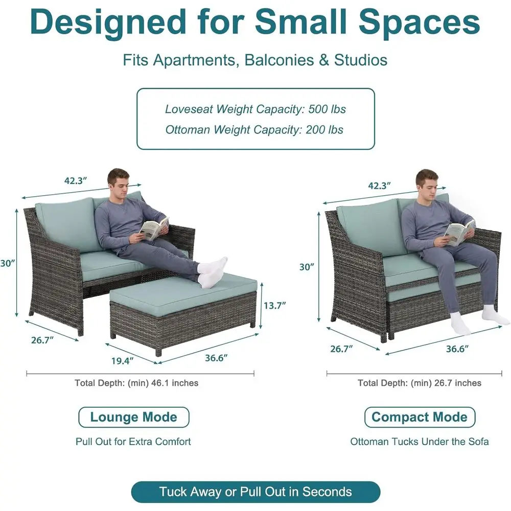 Wicker Outdoor Loveseat w/Storage Ottoman, 2 Pcs, Green | 2-Seat Outdoor Couch,w/Sot Cushions & Built-in Storage Table, Lounge P