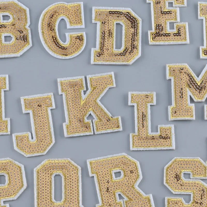 Golden Sequins Embroidery Patches 26 Capital English Letters Iron on Alphabet Appliques Thermo Adhesive Love Crown Sparkle Patch